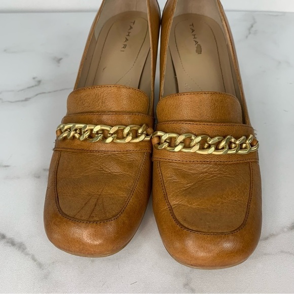 Tahari Chunky Heel Gold Chain Lulu Caramel Brown Loafers 9 - Picture 10 of 10
